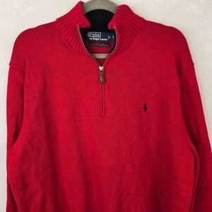 Polo Ralph Lauren Mens L Red 100% Cotton Quarter Zip Pullover Sweater Pony Logo
